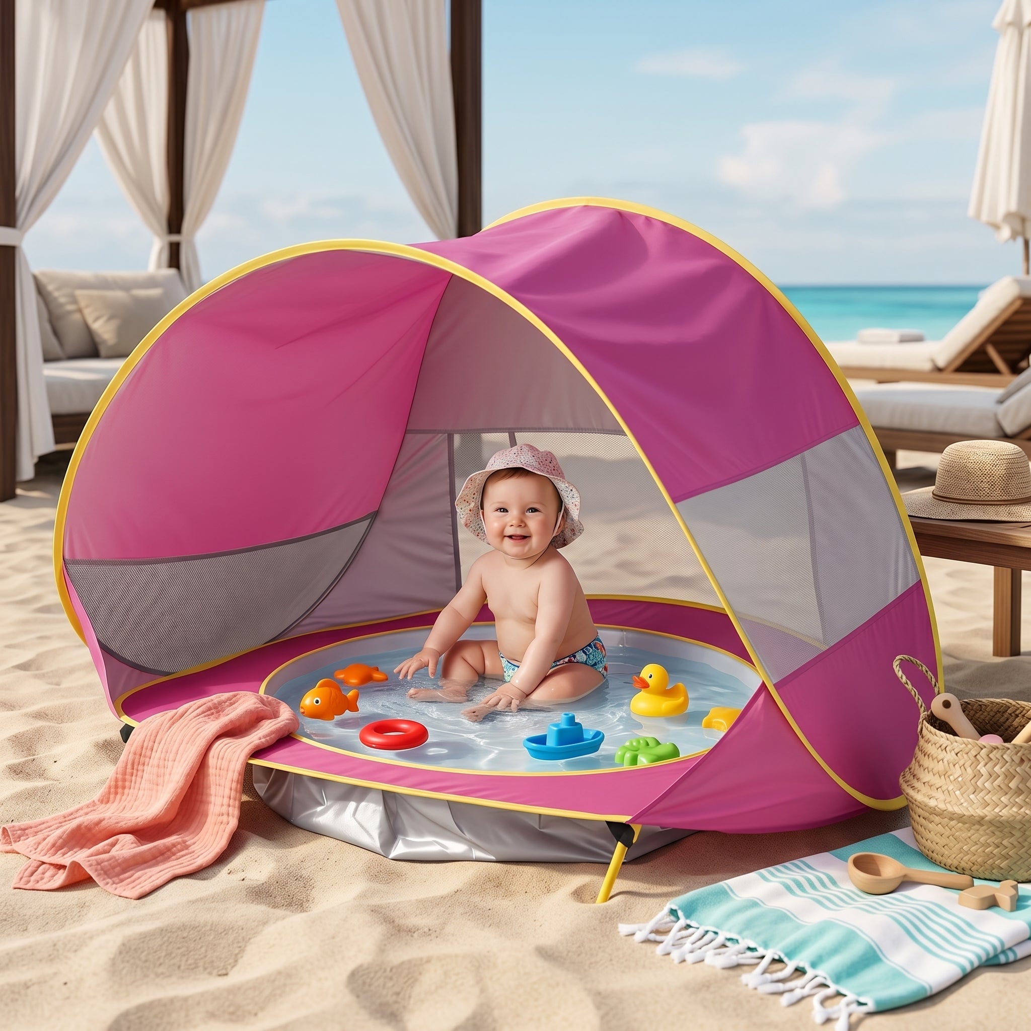 Tienda de playa para bebé con piscina integrada y protección solar UPF 50+