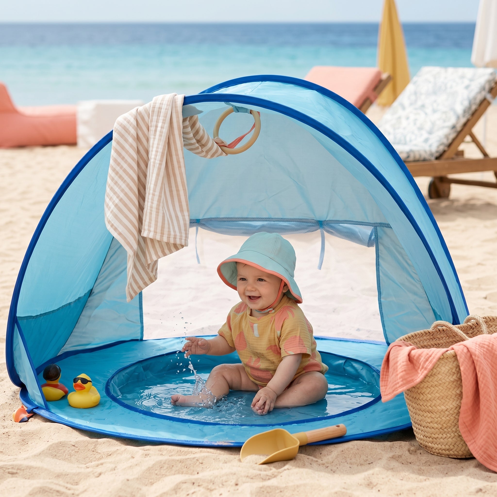 Tienda de playa para bebé con piscina integrada y protección solar UPF 50+
