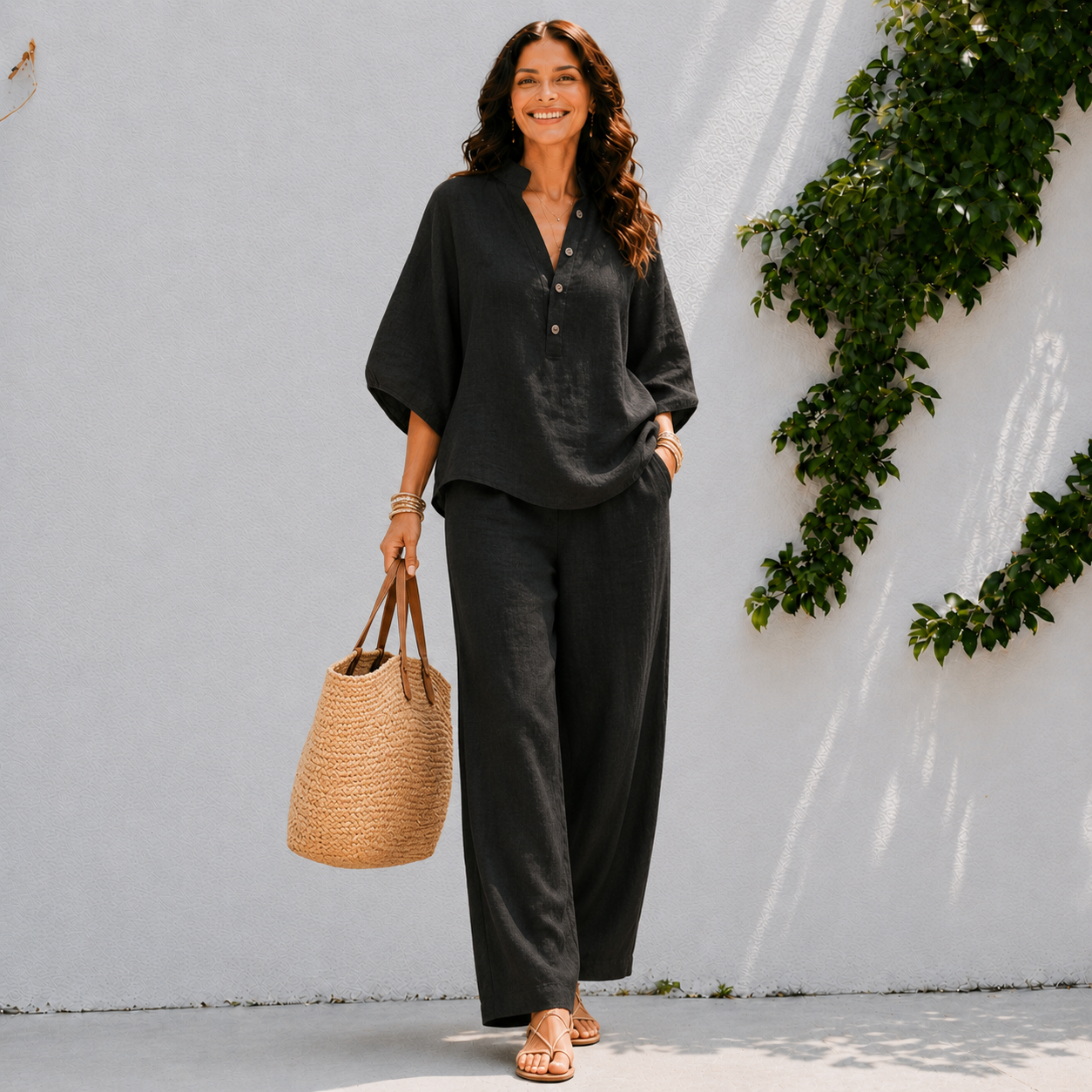 Set două piese pentru femei - cămașă oversize și pantaloni de vară