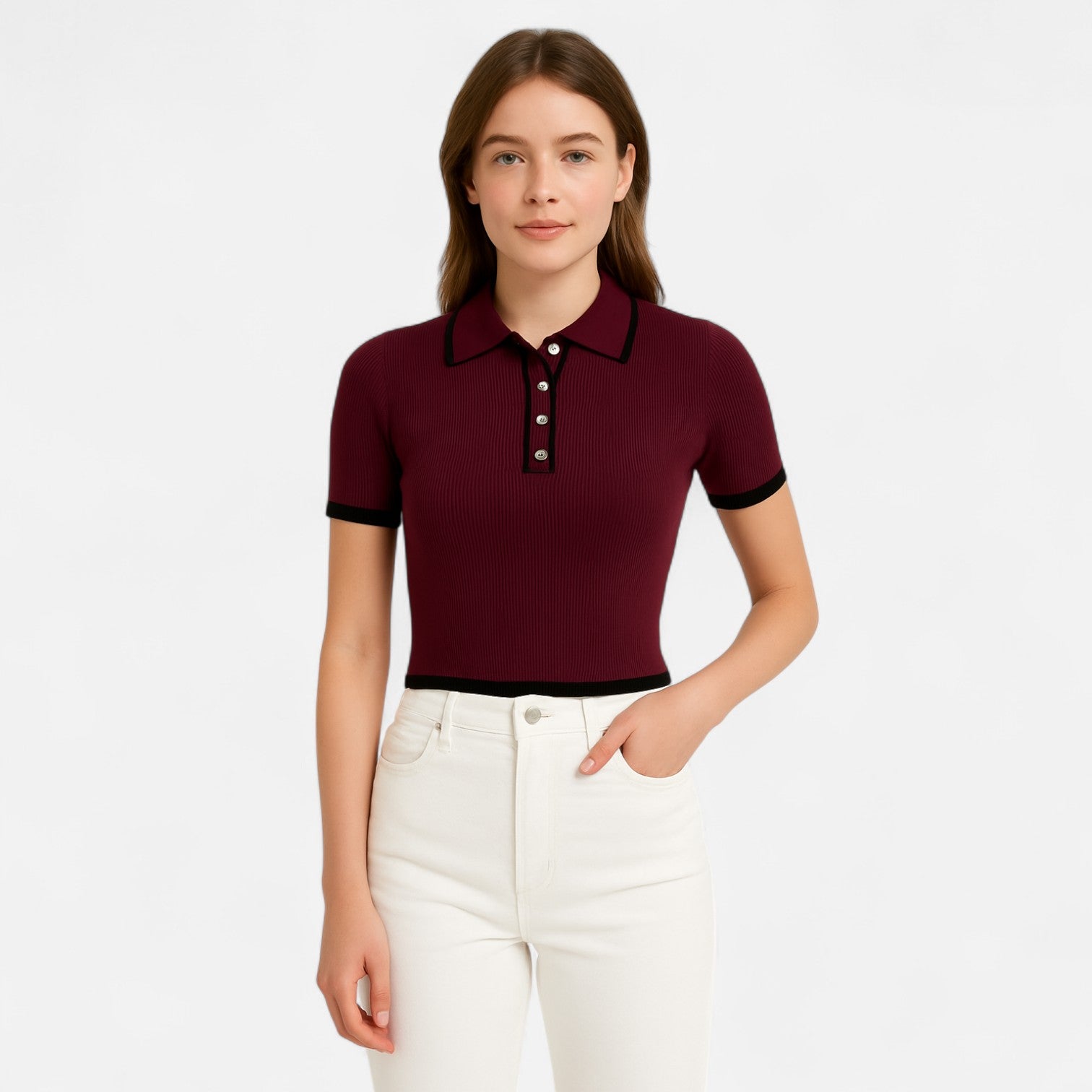 Ancienne Monde | Pull en Maille avec Revers Contrasté pour Femme – Élégant Haut à Manches Courtes