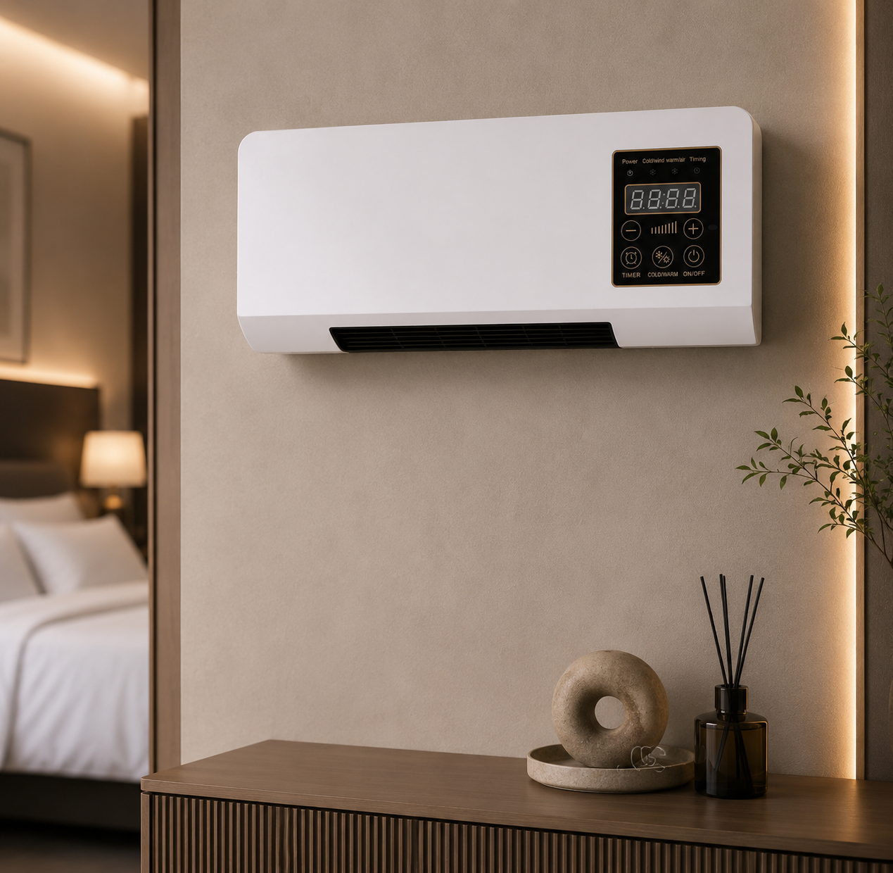 Aparato de calefacción y ventilación mural con control remoto y pantalla LED