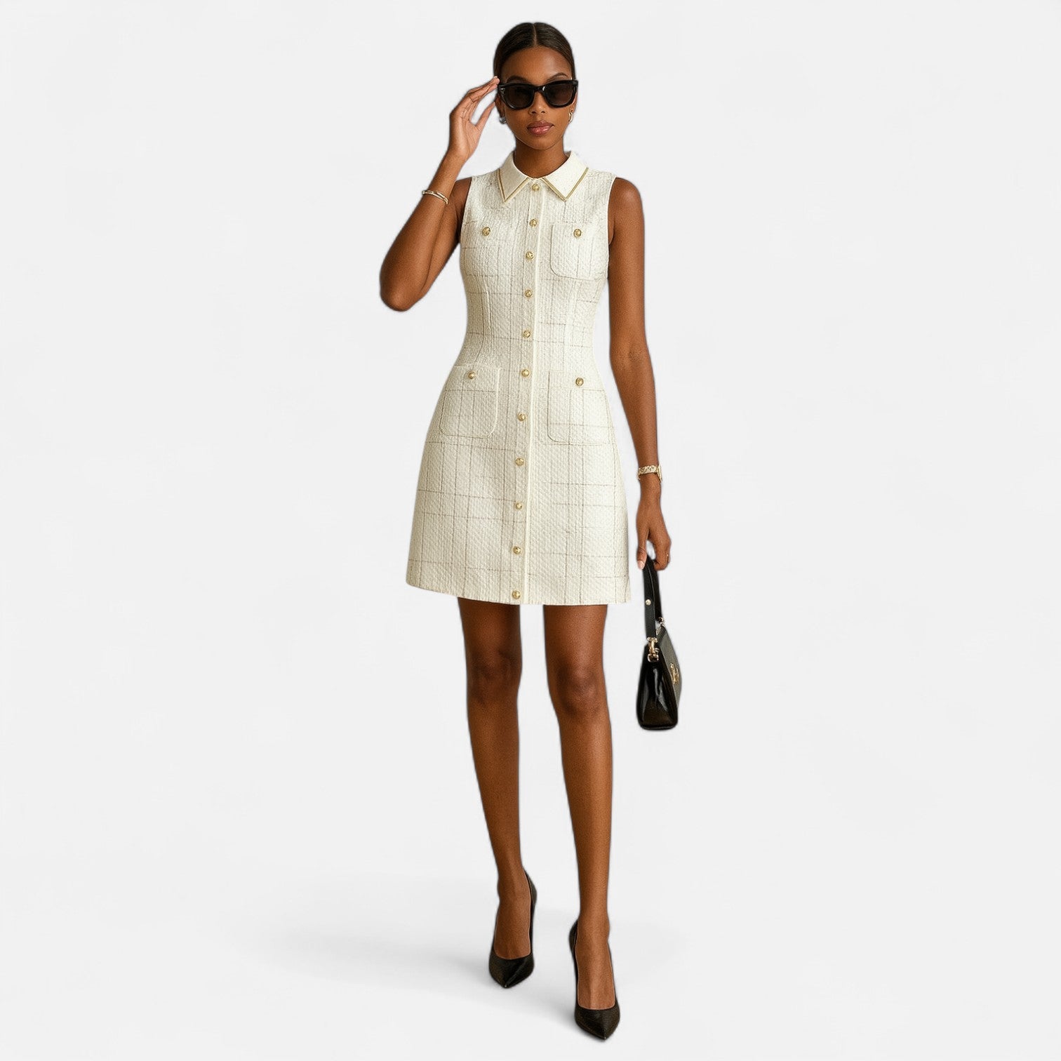 Ancienne Monde | Robe en Tweed Français avec Boutons Perles pour Femme – Grâce Intemporelle