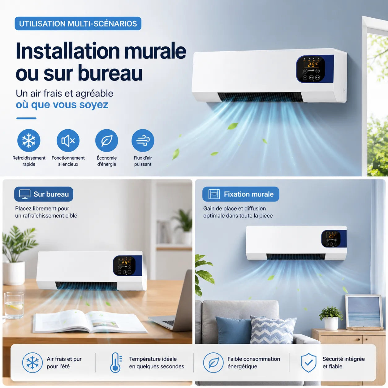 Aparato de calefacción y ventilación mural de 2000 W con control remoto y 3 velocidades