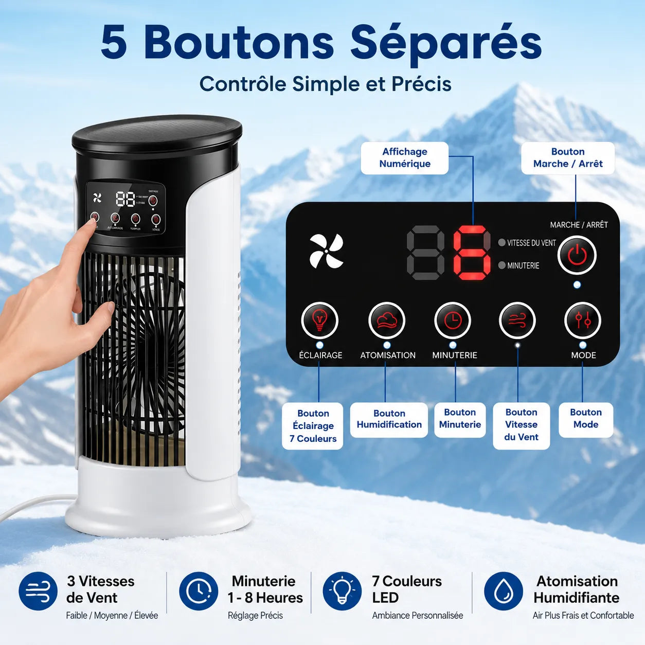 Enfriador de aire portátil 3 en 1 con nebulización, LED y 6 velocidades