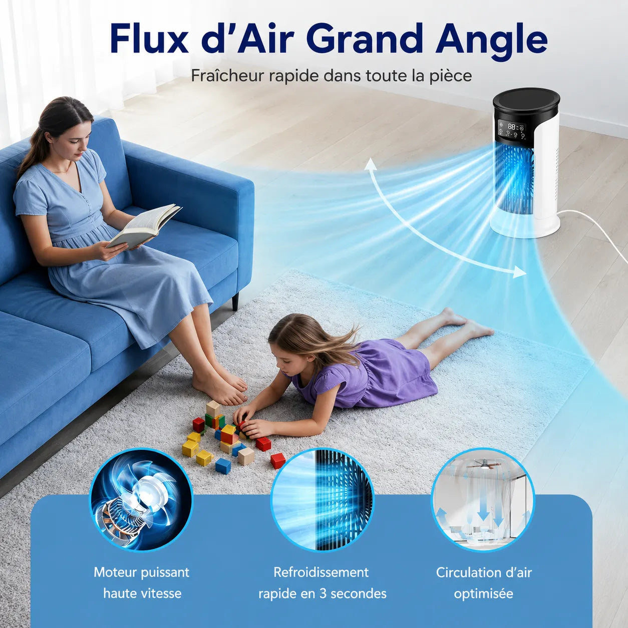 Enfriador de aire portátil 3 en 1 con nebulización, LED y 6 velocidades