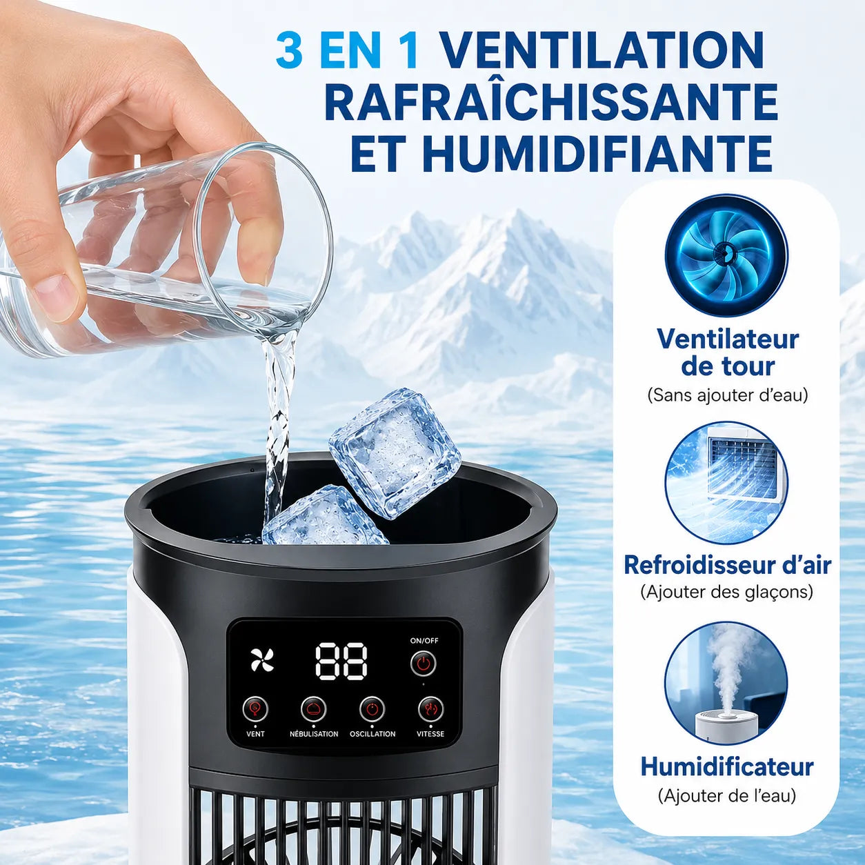 Enfriador de aire portátil 3 en 1 con nebulización, LED y 6 velocidades