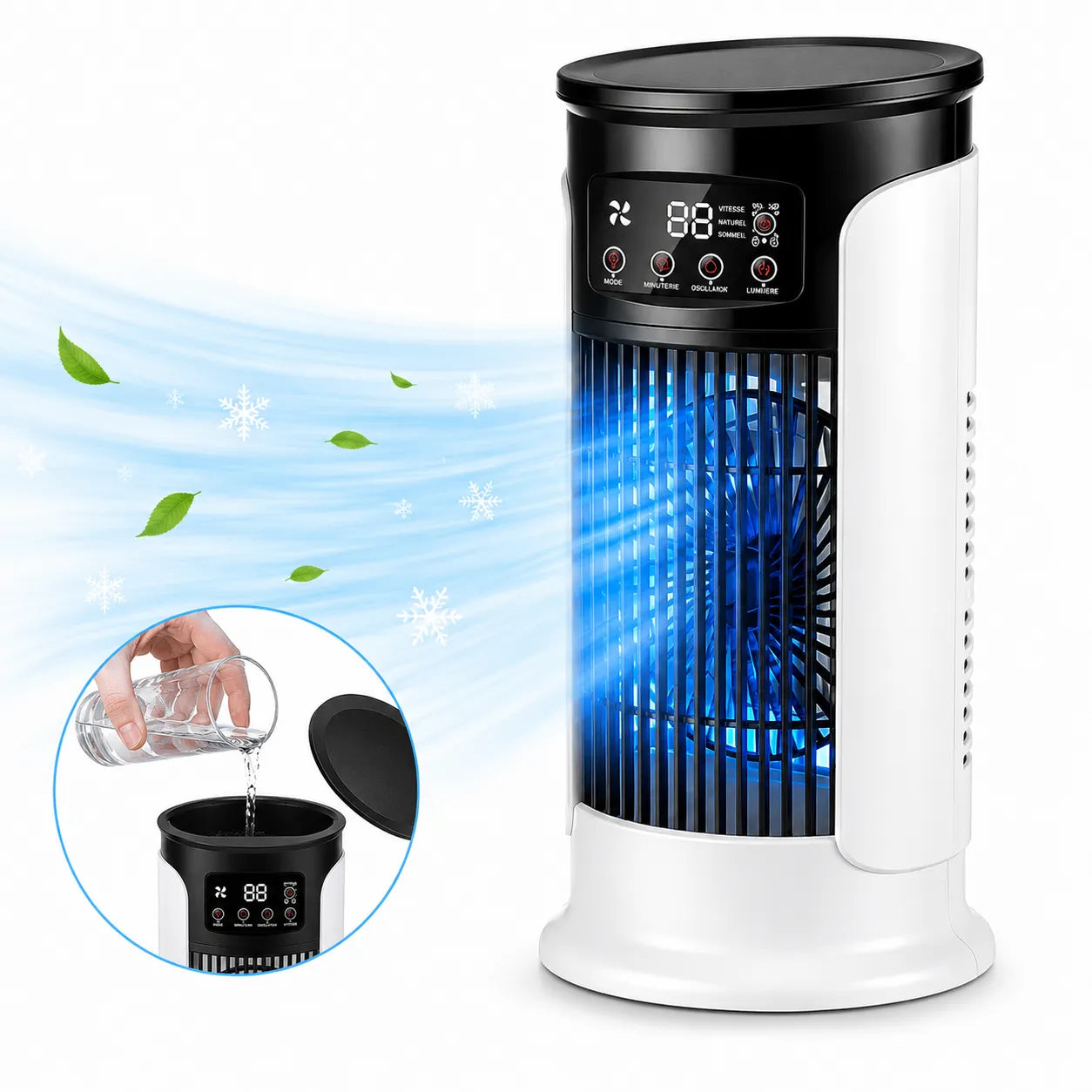 Enfriador de aire portátil 3 en 1 con nebulización, LED y 6 velocidades