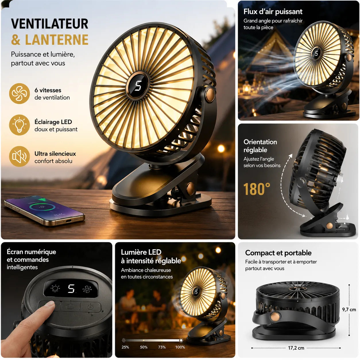 Ventilador portátil recargable con clip de 8000 mAh con LED y 5 velocidades