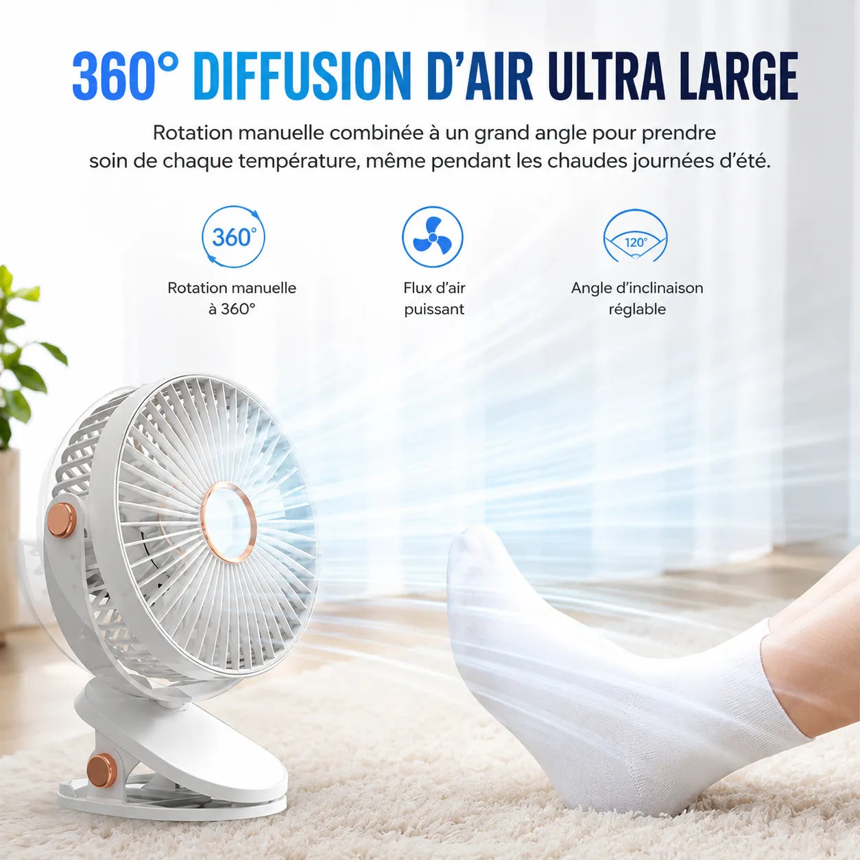 Ventilador portátil recargable con clip de 8000 mAh con LED y 5 velocidades