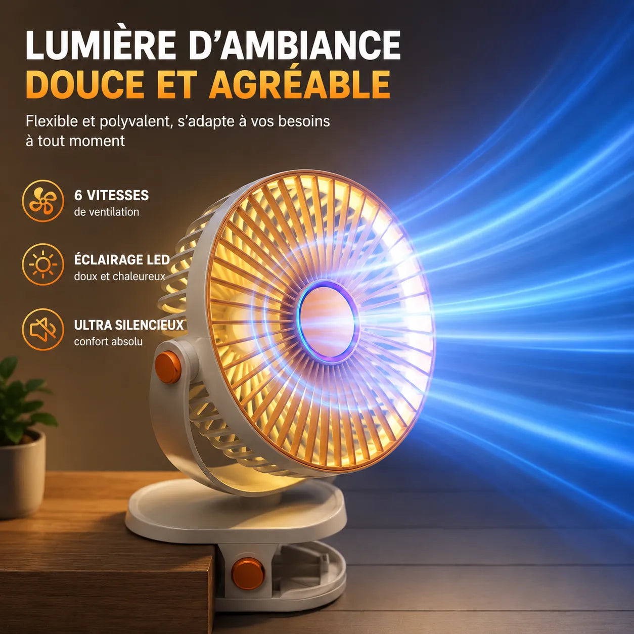 Ventilador portátil recargable con clip de 8000 mAh con LED y 5 velocidades