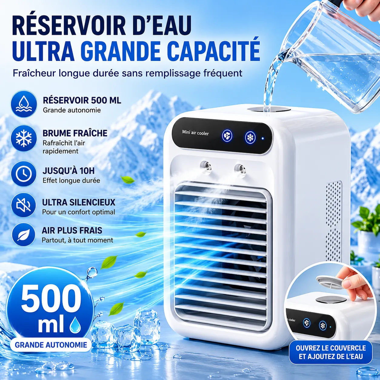 Enfriador de aire portátil recargable por USB con nebulización de 500 ml
