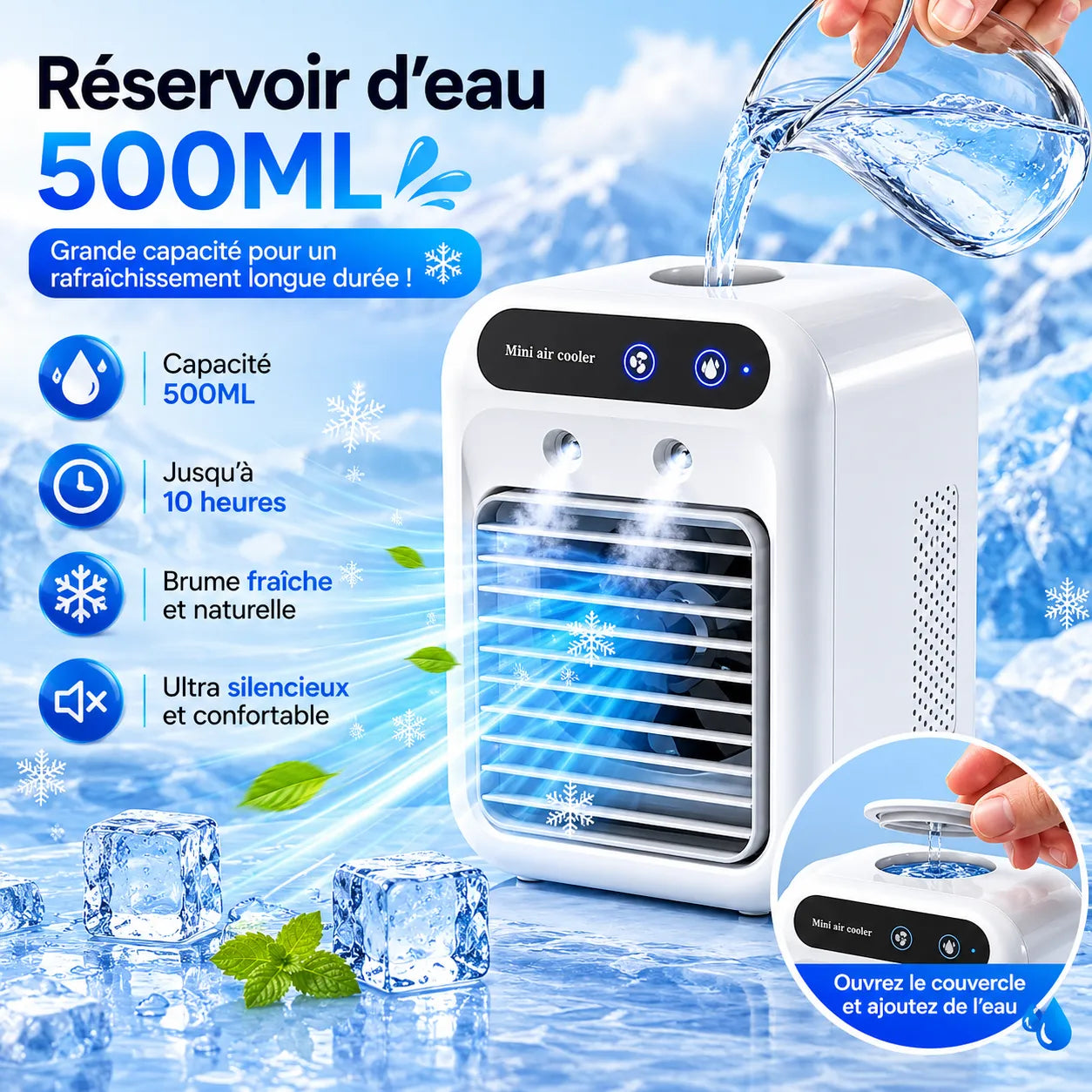 Enfriador de aire portátil recargable por USB con nebulización de 500 ml