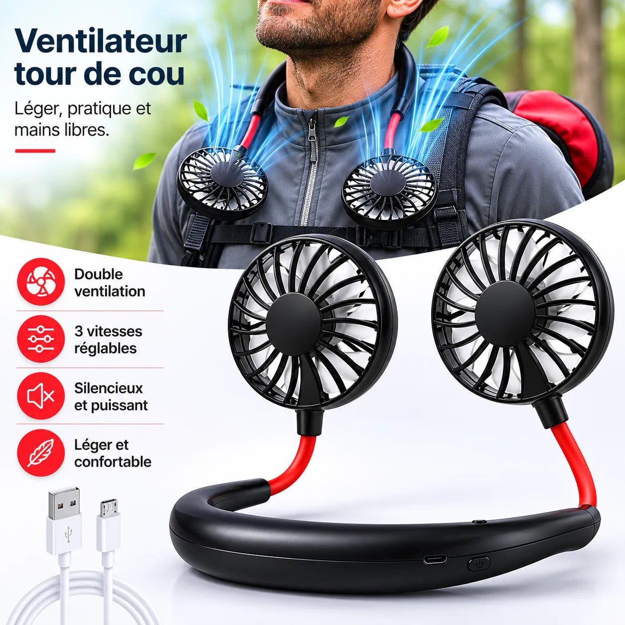 Ventilador de cuello recargable por USB con doble cabeza giratoria y 3 velocidades