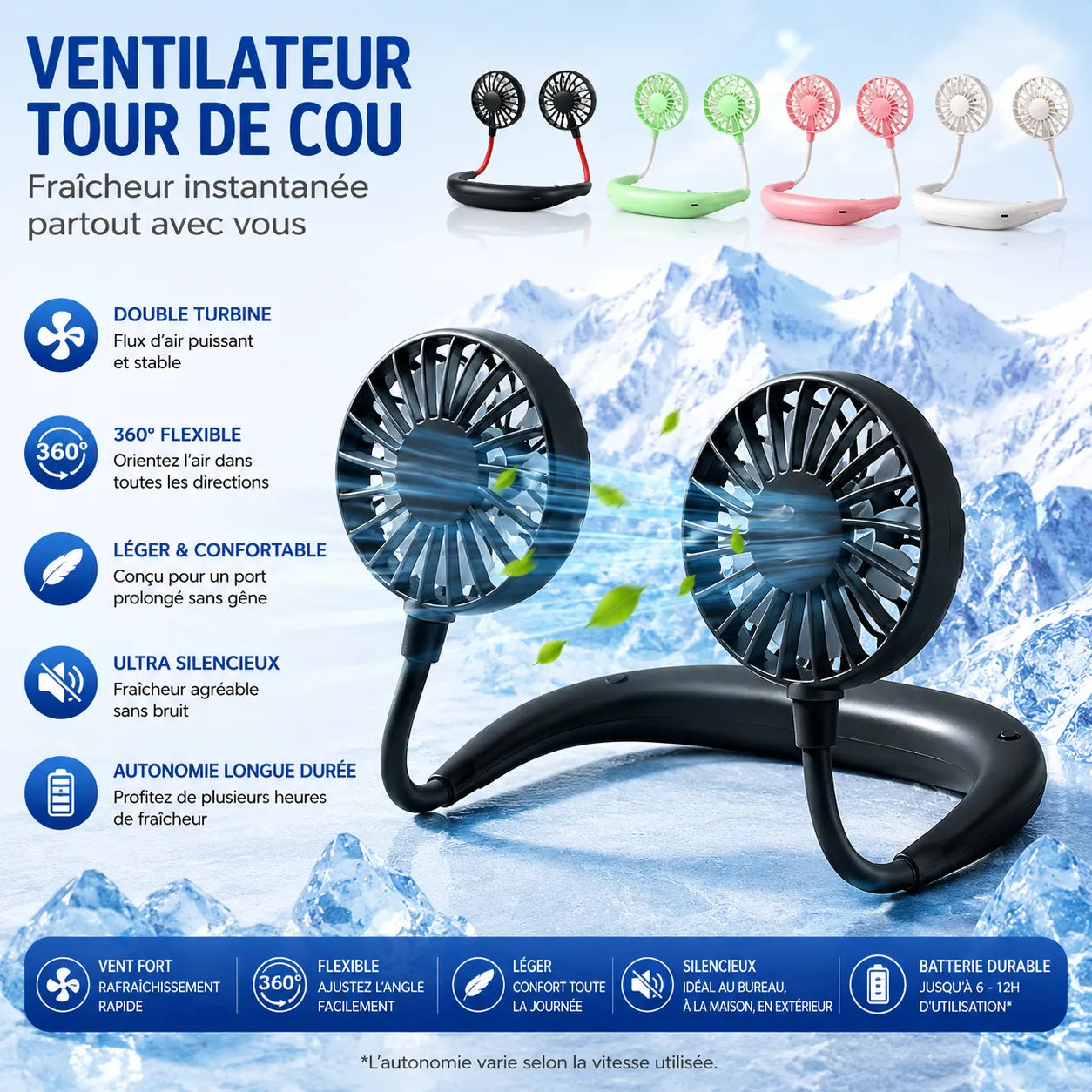Ventilador de cuello recargable por USB con doble cabeza giratoria y 3 velocidades