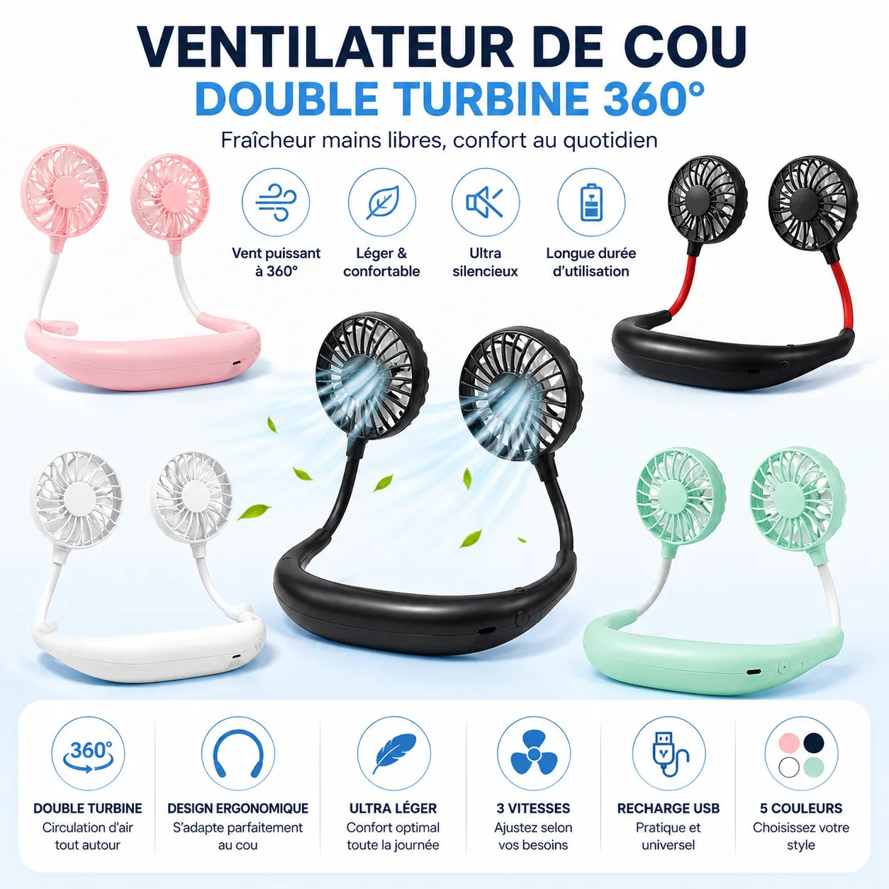 Ventilador de cuello recargable por USB con doble cabeza giratoria y 3 velocidades