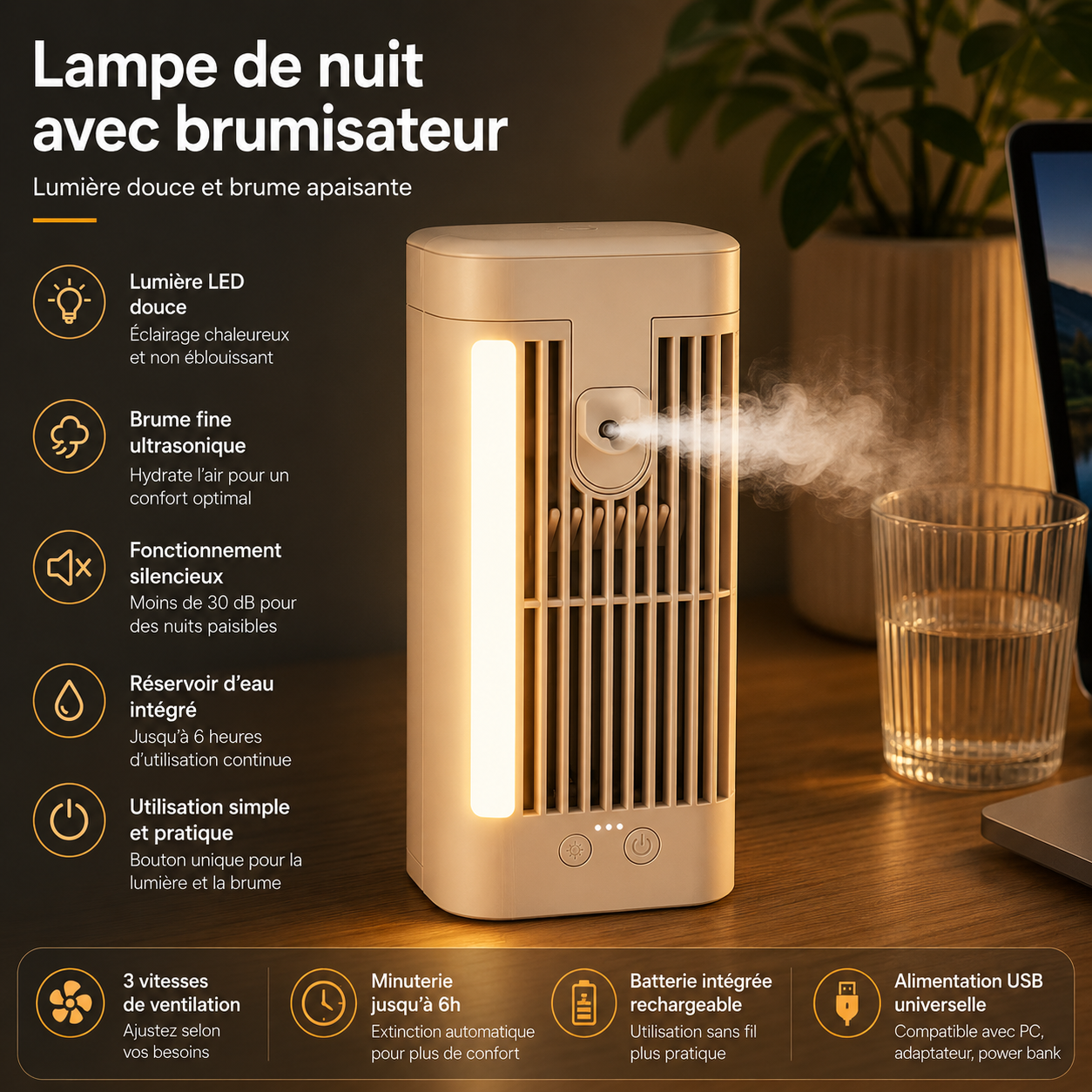Mini enfriador de aire USB con luz nocturna para oficina