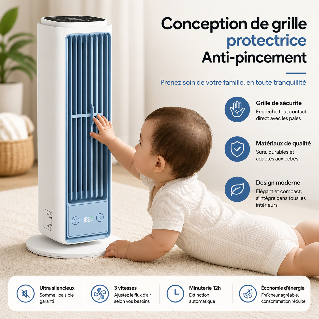 Silent Bladeless Tower Fan with Multidirectional Airflow Diffusion