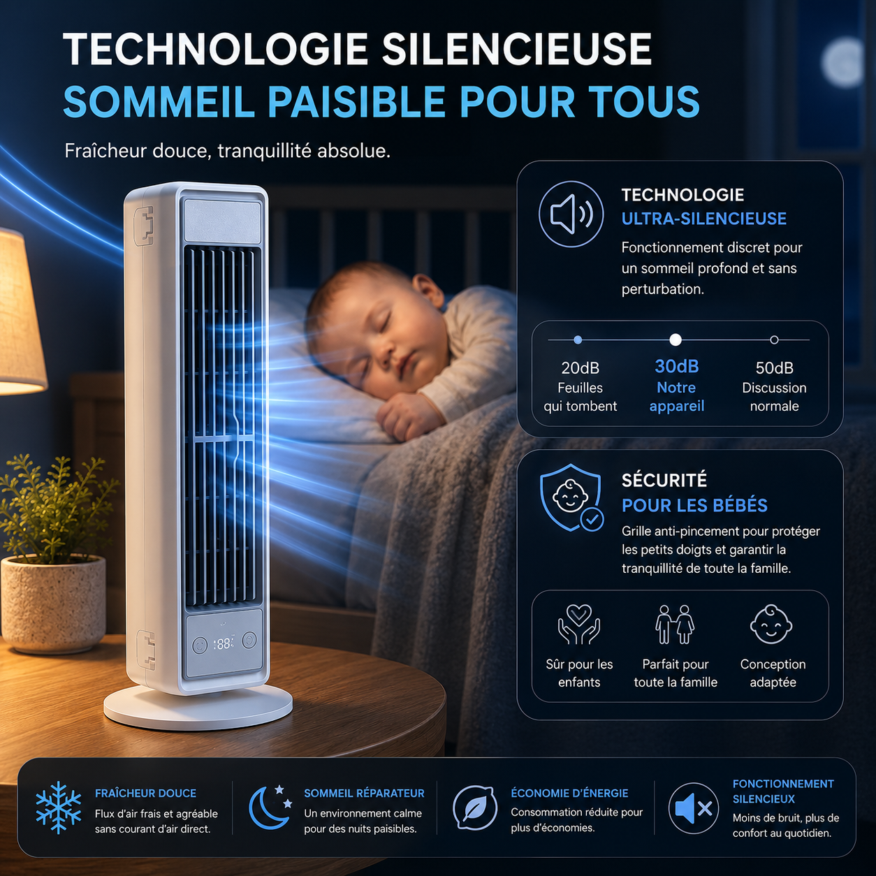 Silent Bladeless Tower Fan with Multidirectional Airflow Diffusion