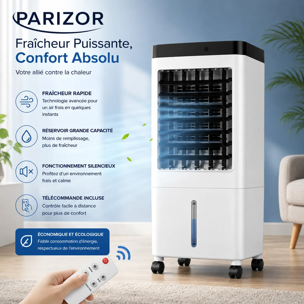 Enfriador de aire portátil de 10 L con control remoto y 3 velocidades