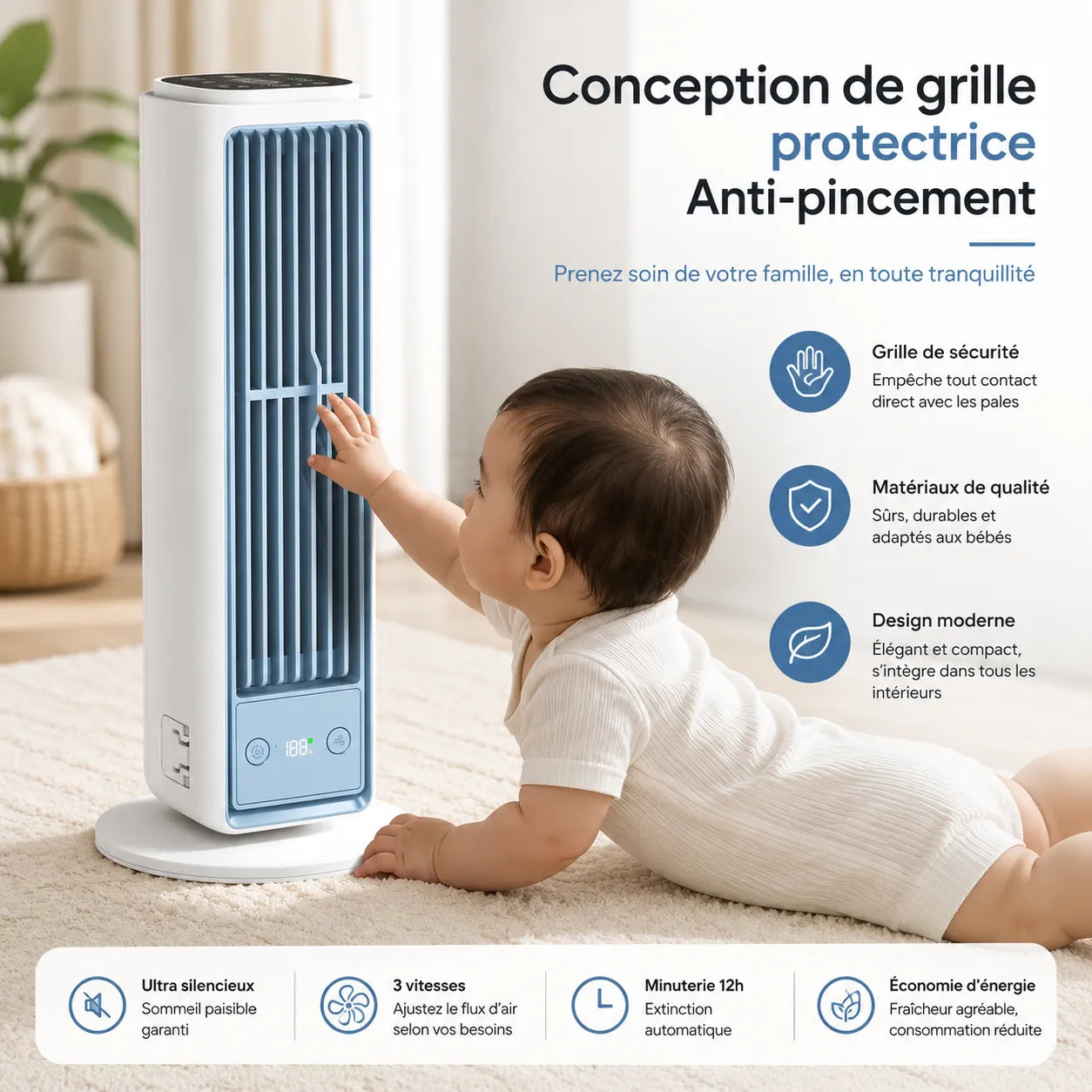 Ventilador de torre sin aspas silencioso con difusión de aire multidireccional