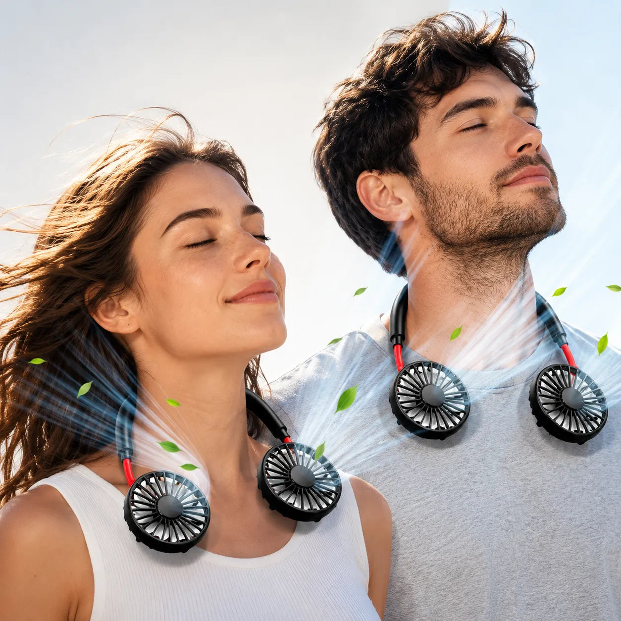 Ventilador de cuello recargable por USB con doble cabeza giratoria y 3 velocidades