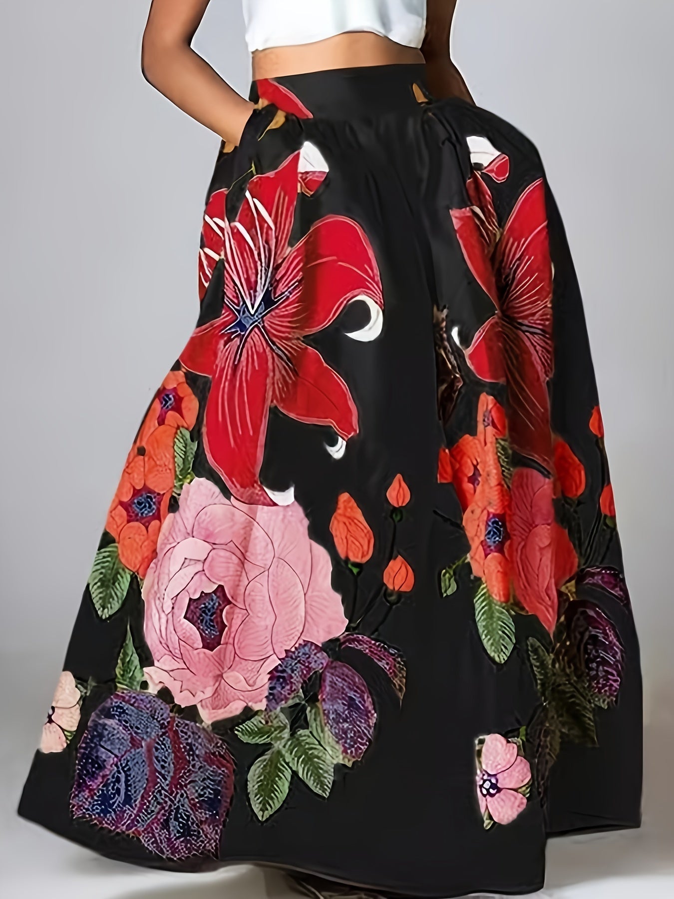 Jupe maxi femme coton mélange coupe évasée florale