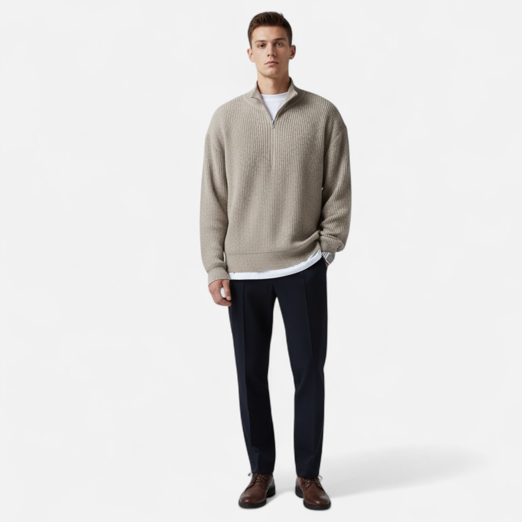Ancienne Monde | Pull Homme Demi-Zip Hiver Col Montant