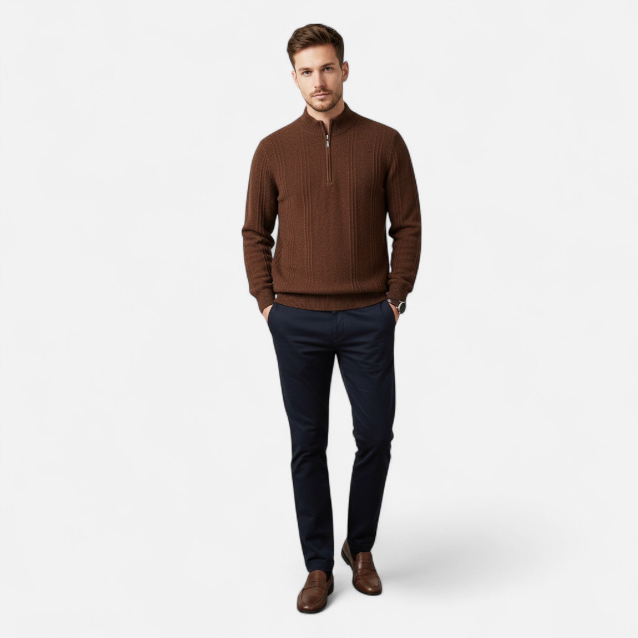 Ancienne Monde | Pull Homme Demi-Zip Col Montant Cachemire