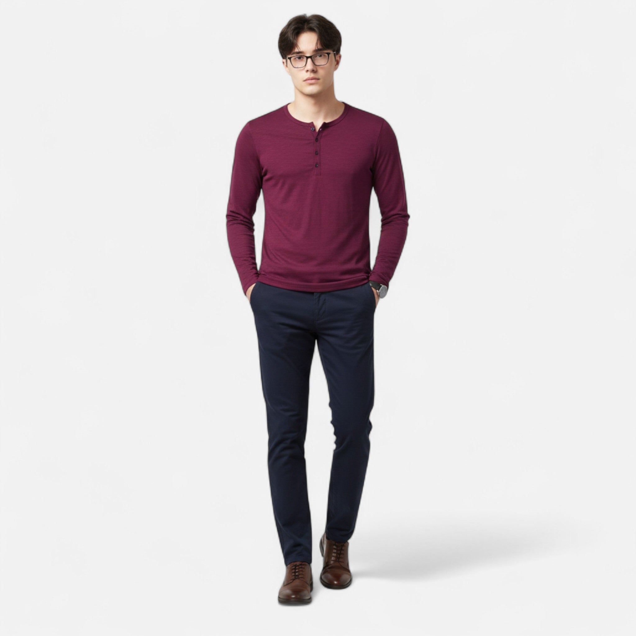 Ancienne Monde | Henley Homem Mangas Compridas Algodão Slim Fit
