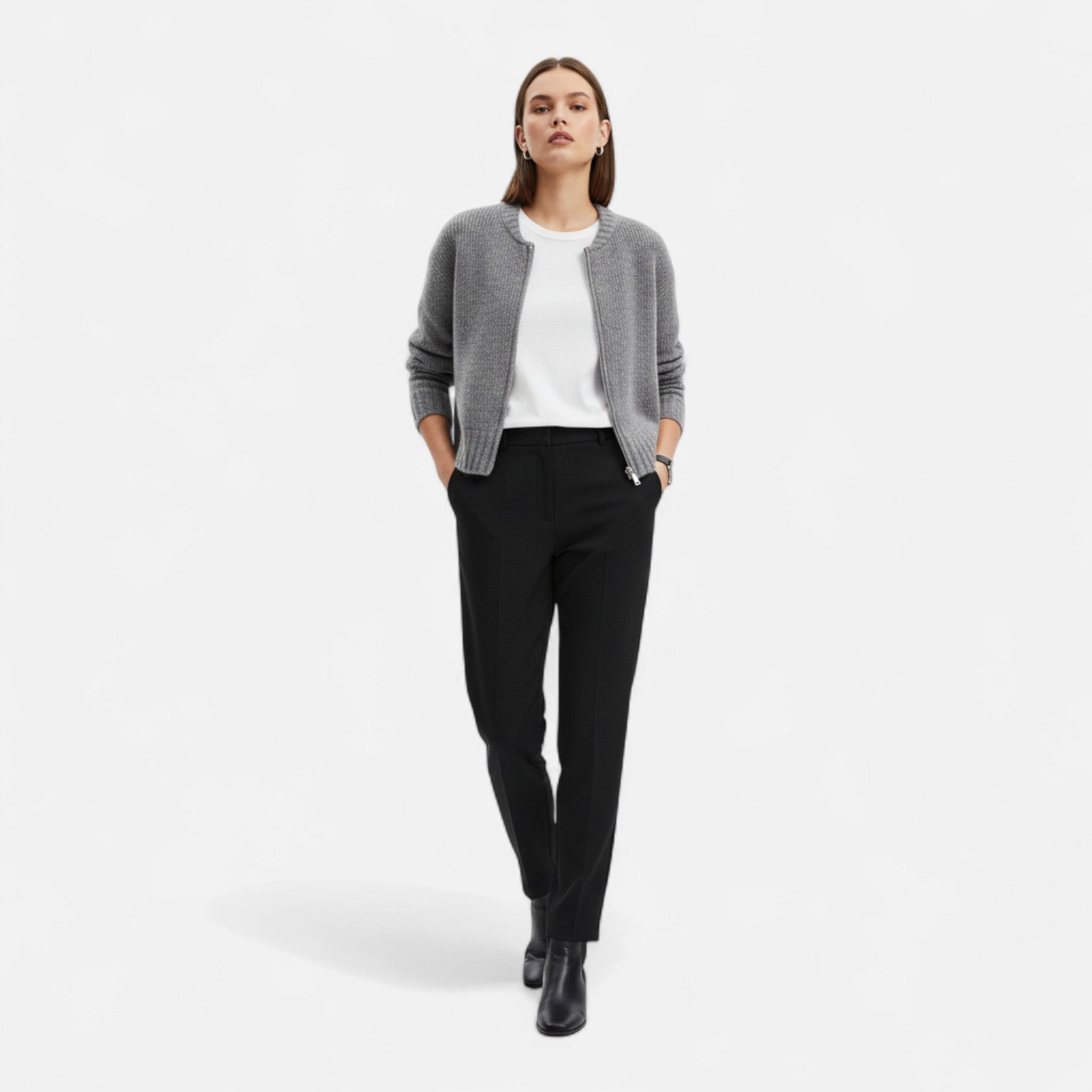 Ancienne Monde | Manteau Femme Maille Grise Zippé Élégant