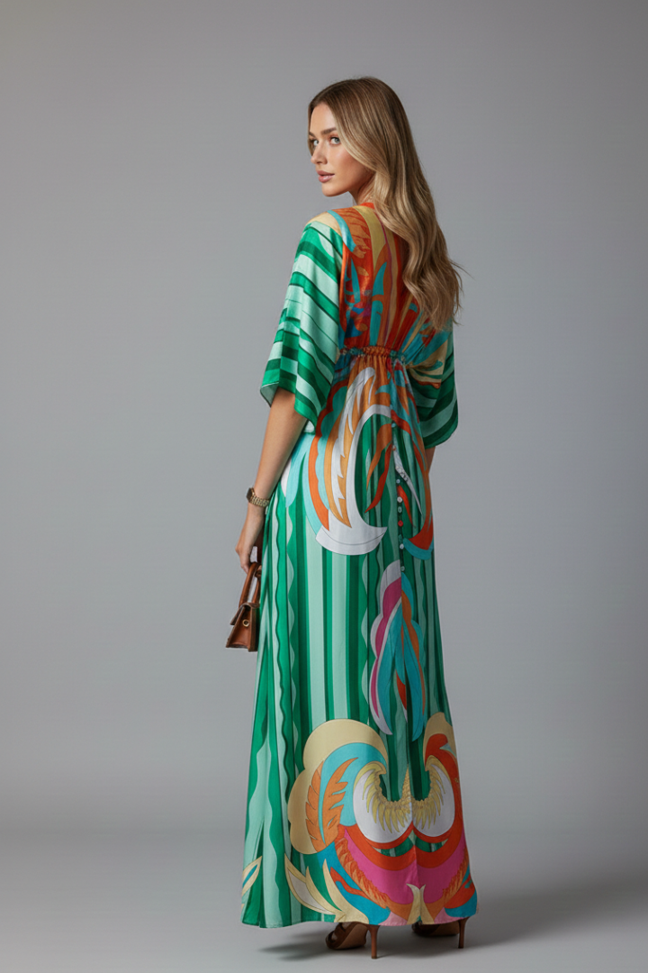 Long dress for women — loose fit printed with drawstring | vacation