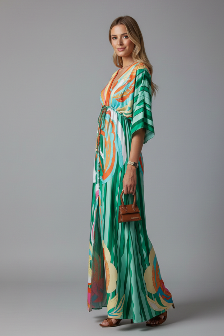Long dress for women — loose fit printed with drawstring | vacation