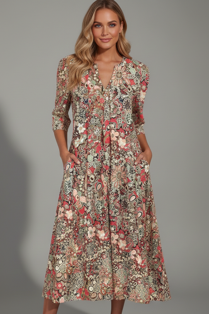 Mid-length dress for women — flowy style without closure with floral print