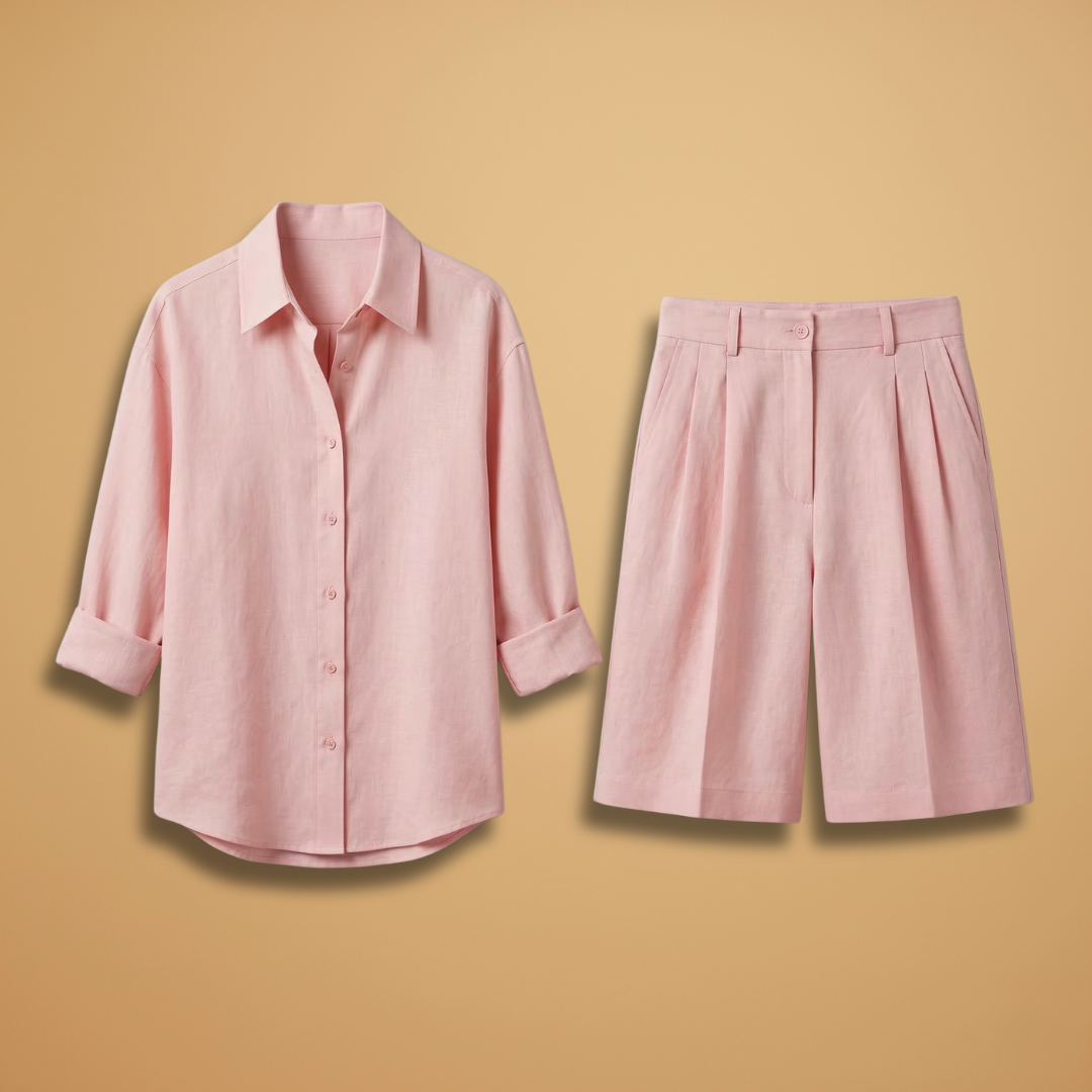 Damen-Set aus Bluse und kurzer Hose – plissiertes Ensemble mit Taschen | Urlaub
