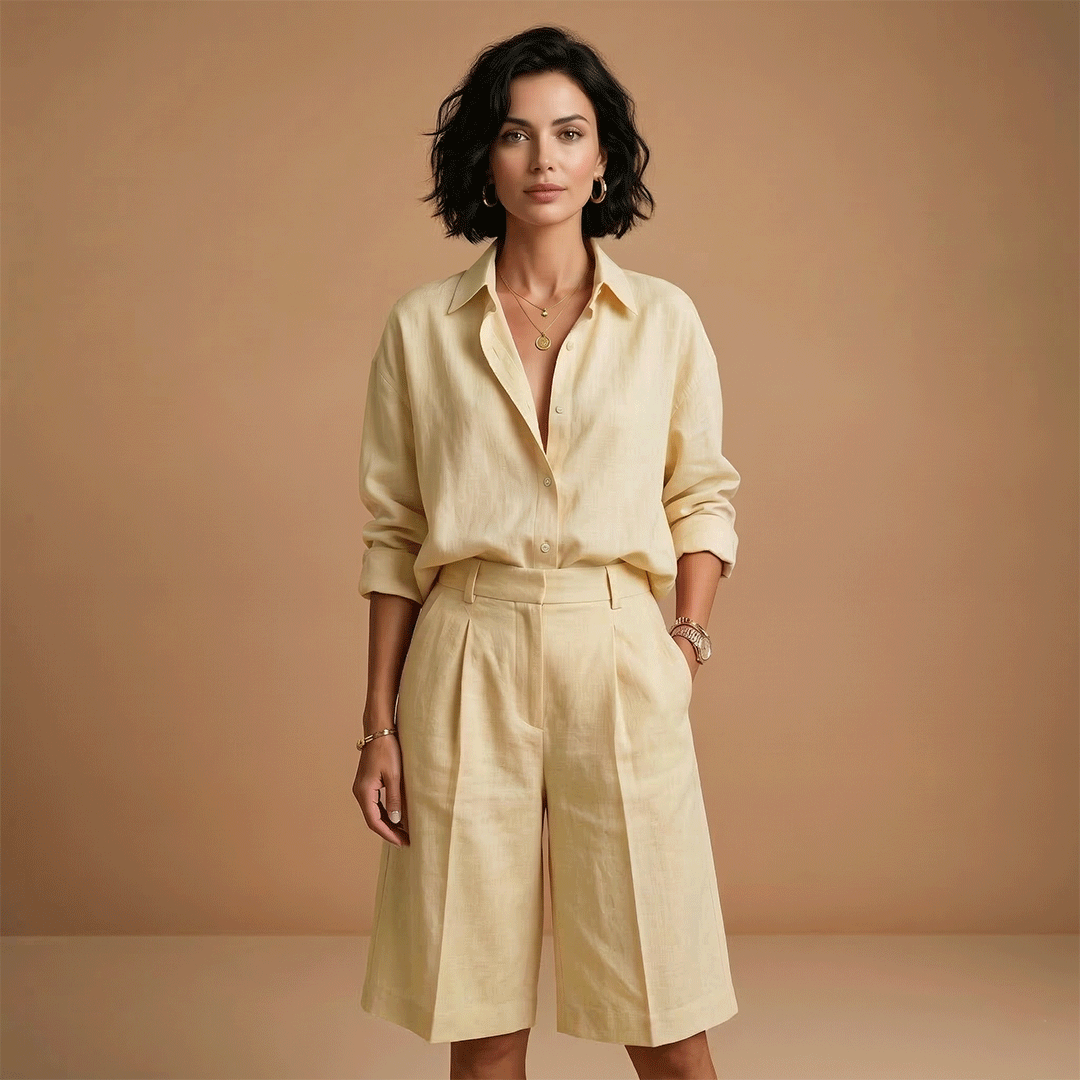 Damen-Set aus Bluse und kurzer Hose – plissiertes Ensemble mit Taschen | Urlaub