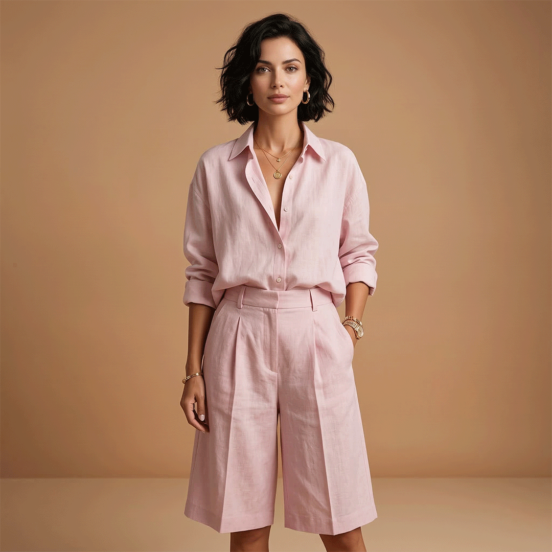 Damen-Set aus Bluse und kurzer Hose – plissiertes Ensemble mit Taschen | Urlaub