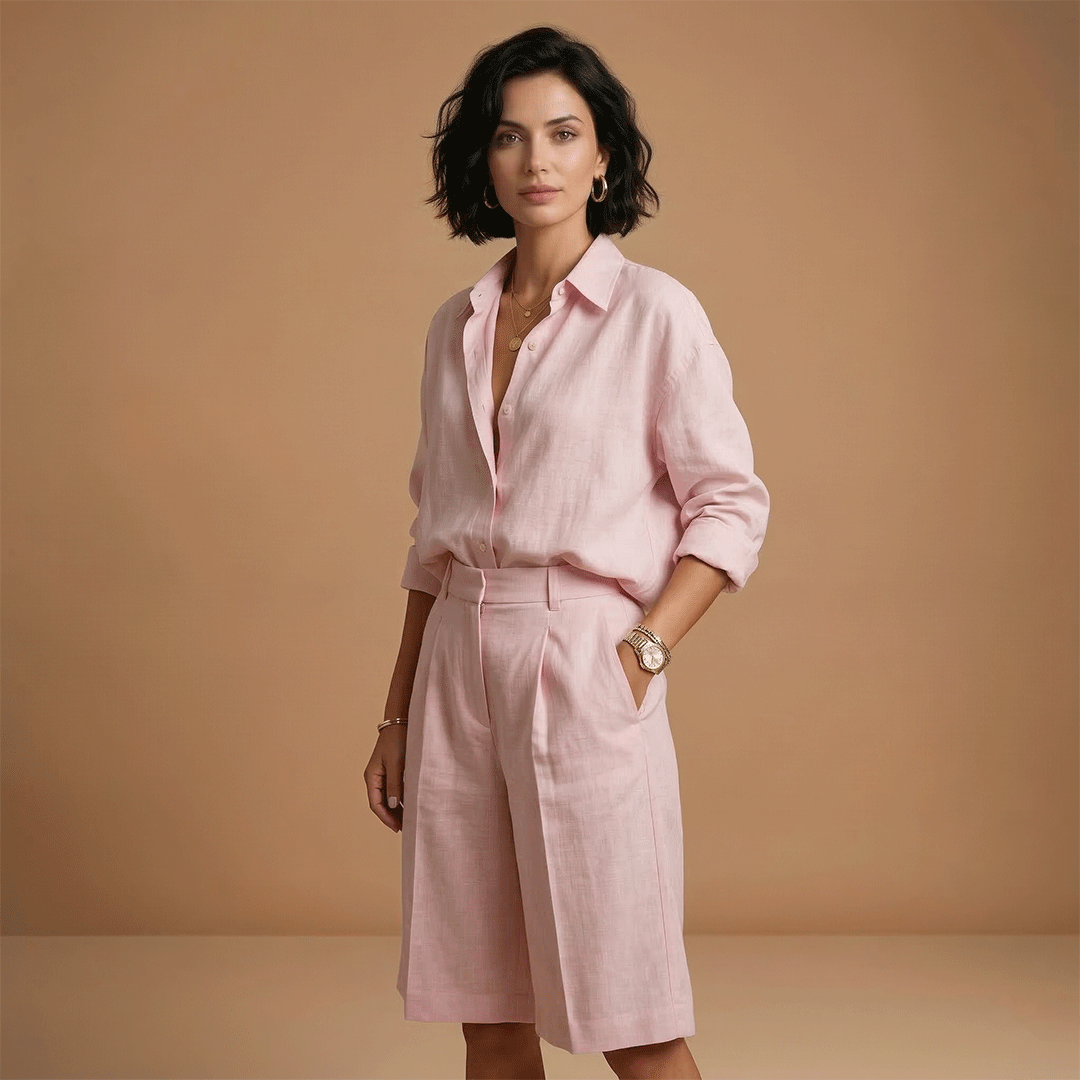 Damen-Set aus Bluse und kurzer Hose – plissiertes Ensemble mit Taschen | Urlaub