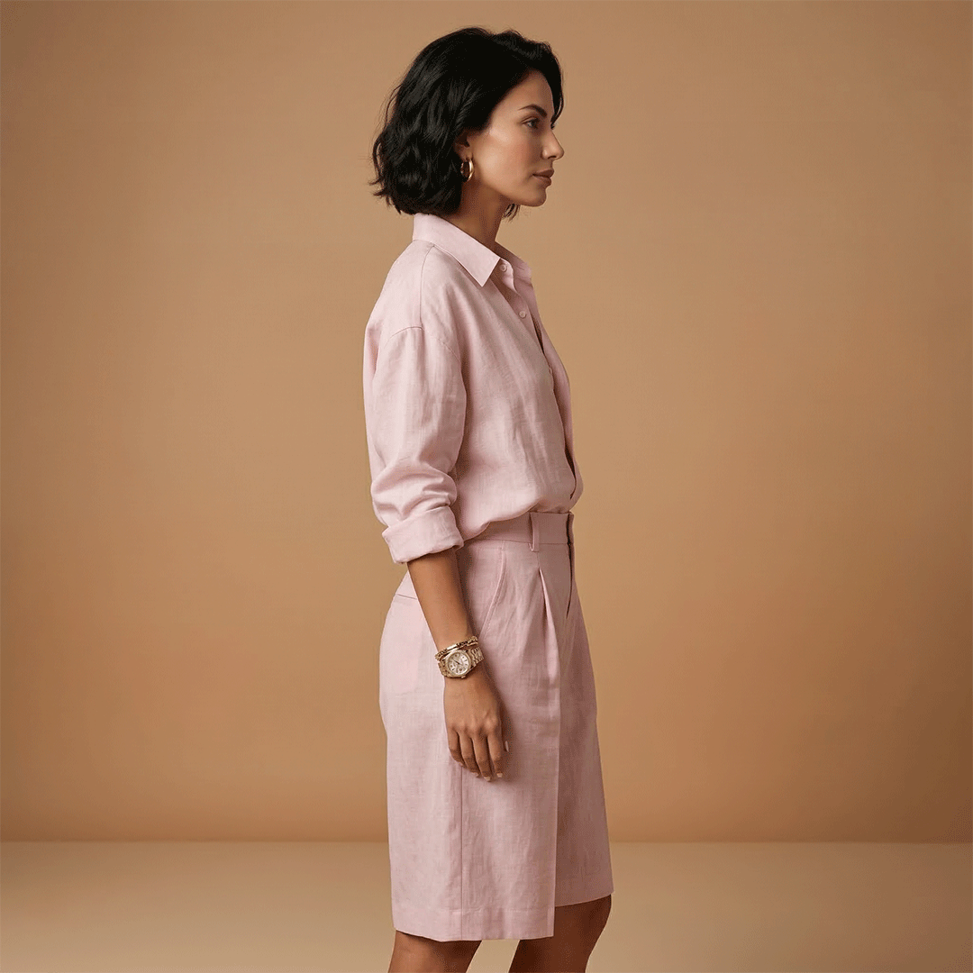 Damen-Set aus Bluse und kurzer Hose – plissiertes Ensemble mit Taschen | Urlaub