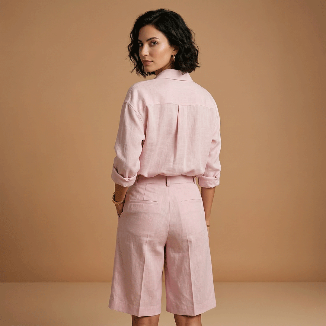 Damen-Set aus Bluse und kurzer Hose – plissiertes Ensemble mit Taschen | Urlaub