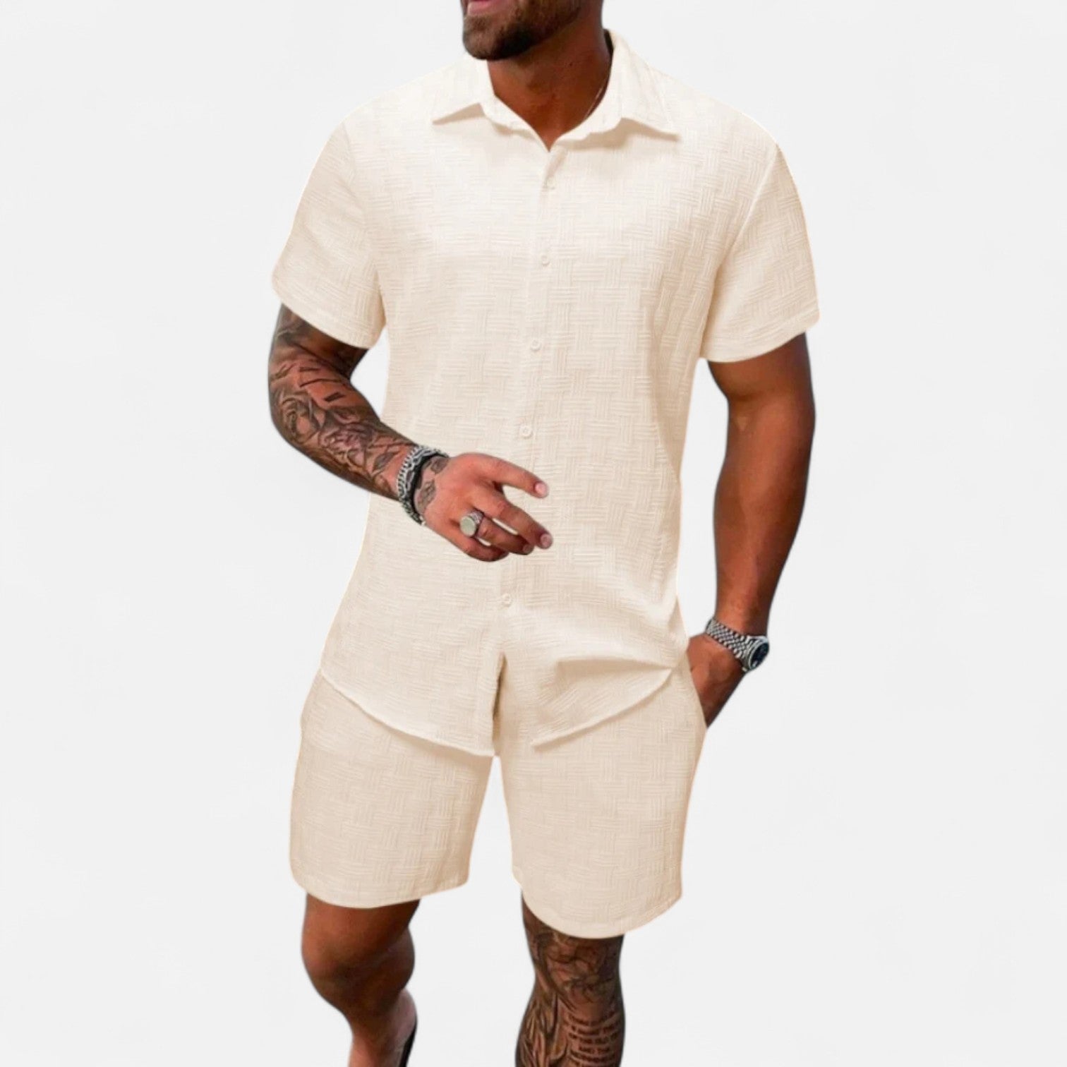 Ancienne Monde | Ensemble Coordonné Estival en Jacquard pour Homme – Élégance Texturée