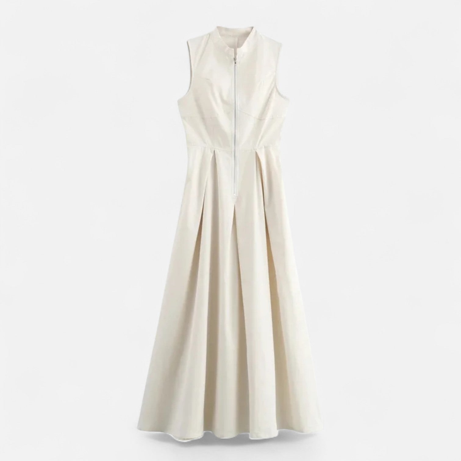 Ancienne Monde | Robe Midi Plissée Cintrée pour Femme – Élégance d’Été Sans Manches avec Fermeture Zippée