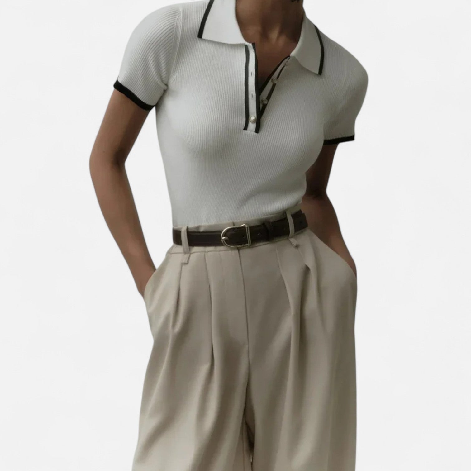 Ancienne Monde | Pull en Maille avec Revers Contrasté pour Femme – Élégant Haut à Manches Courtes