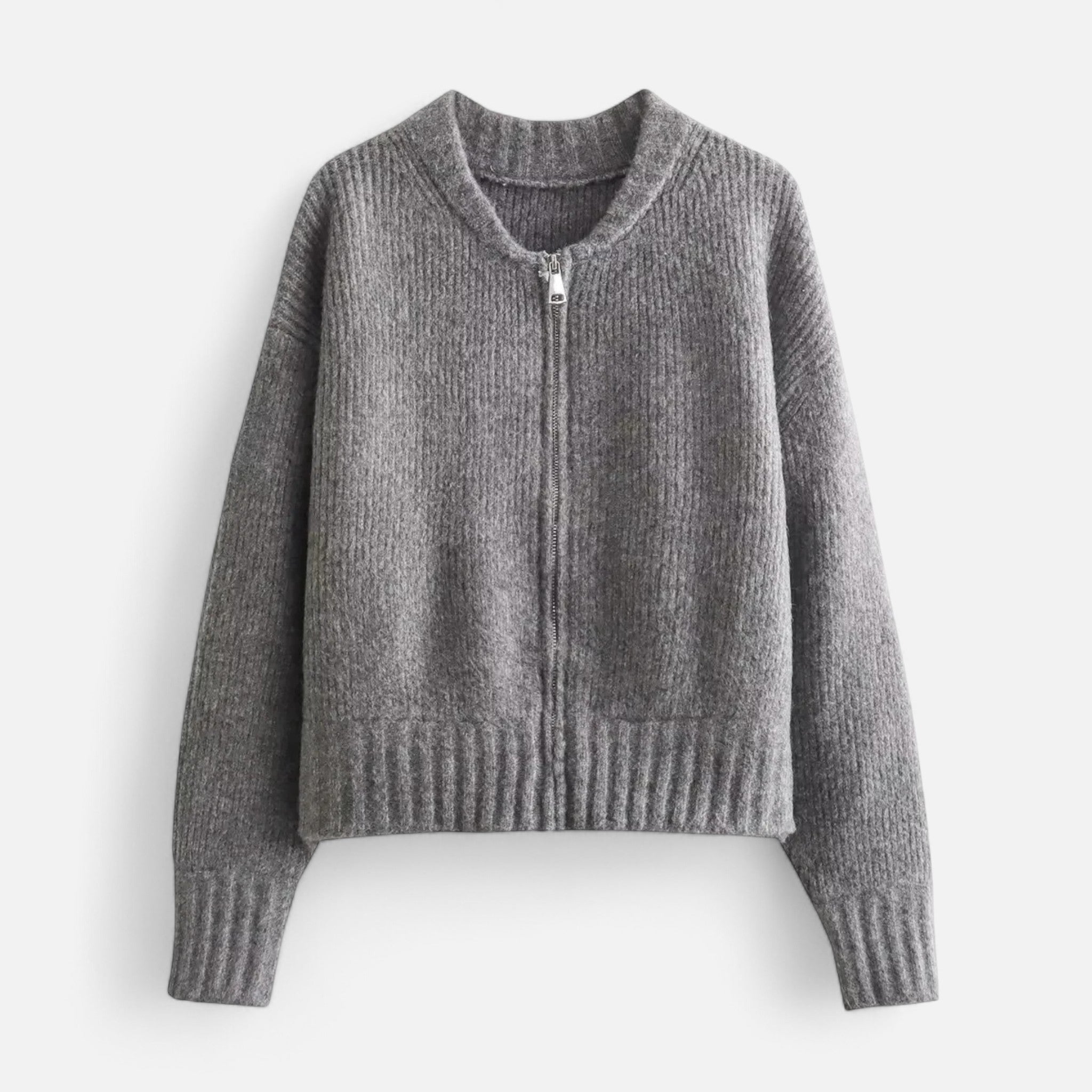 Ancienne Monde | Manteau Femme Maille Grise Zippé Élégant