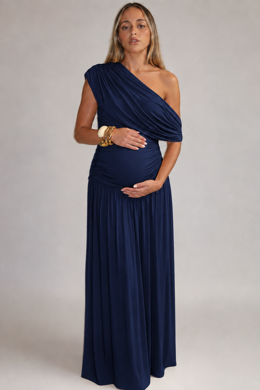 Elegant asymmetrisk lang graviditetskjole