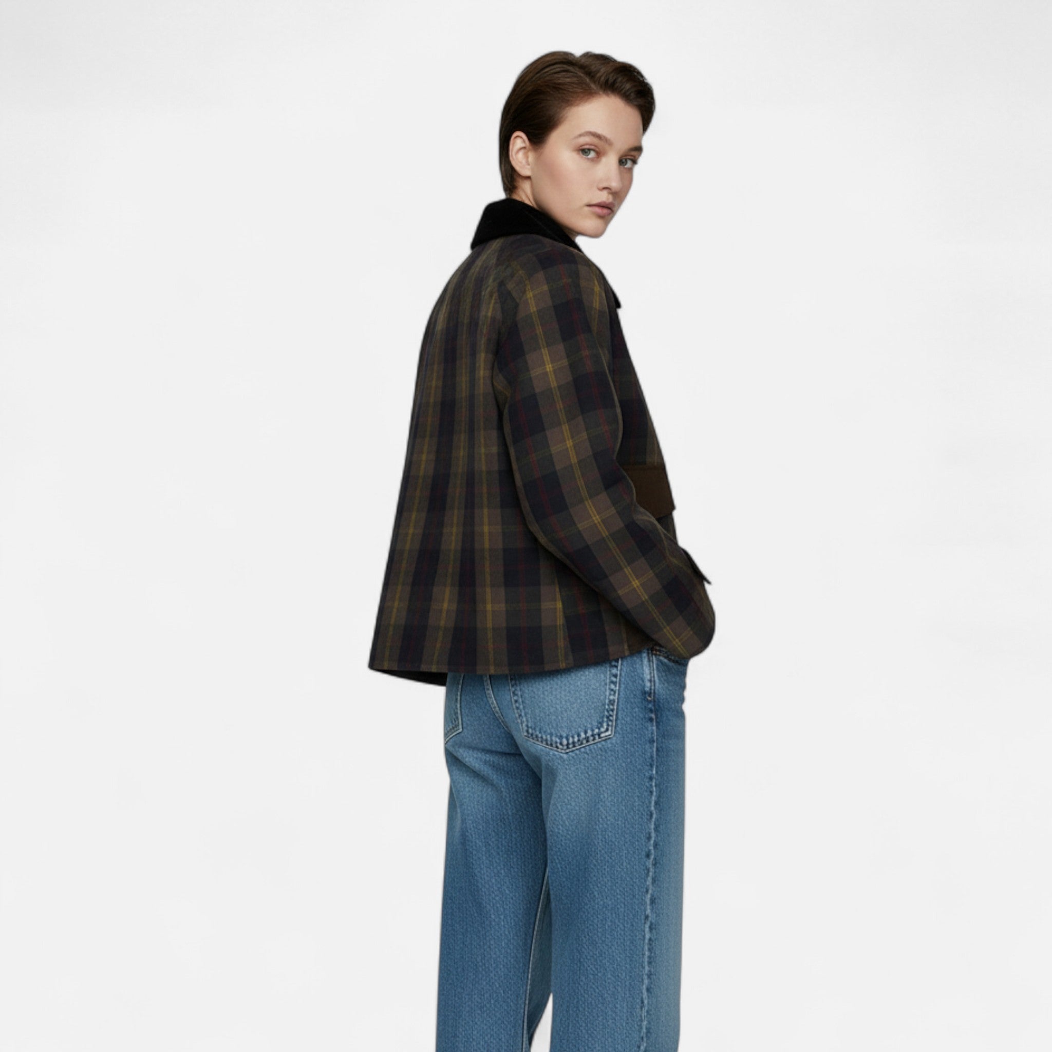 Ancienne Monde | Veste à Carreaux pour Femme – Col en Fausse Fourrure Douce