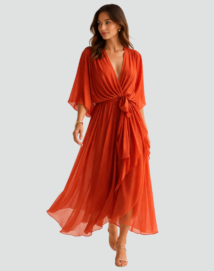 Rochie midi fluidă cu cordon de legat