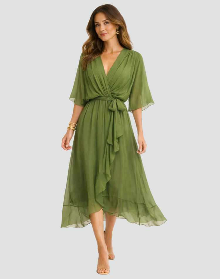Rochie midi fluidă cu cordon de legat