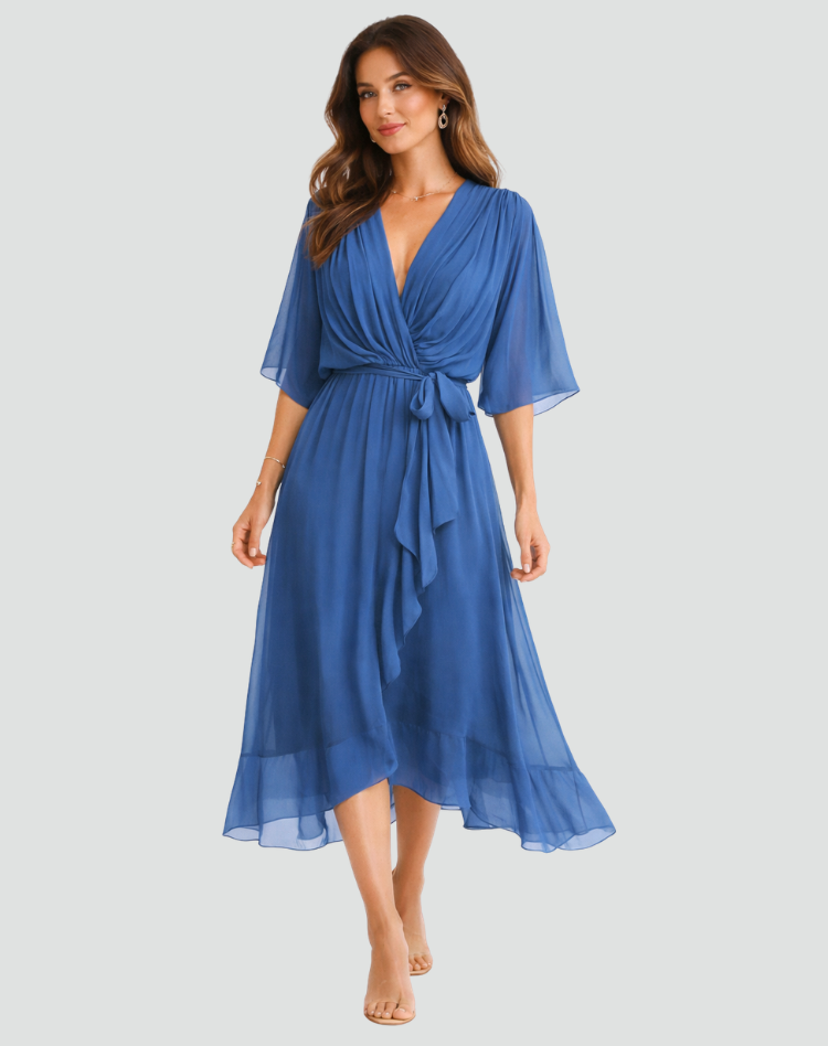 Rochie midi fluidă cu cordon de legat
