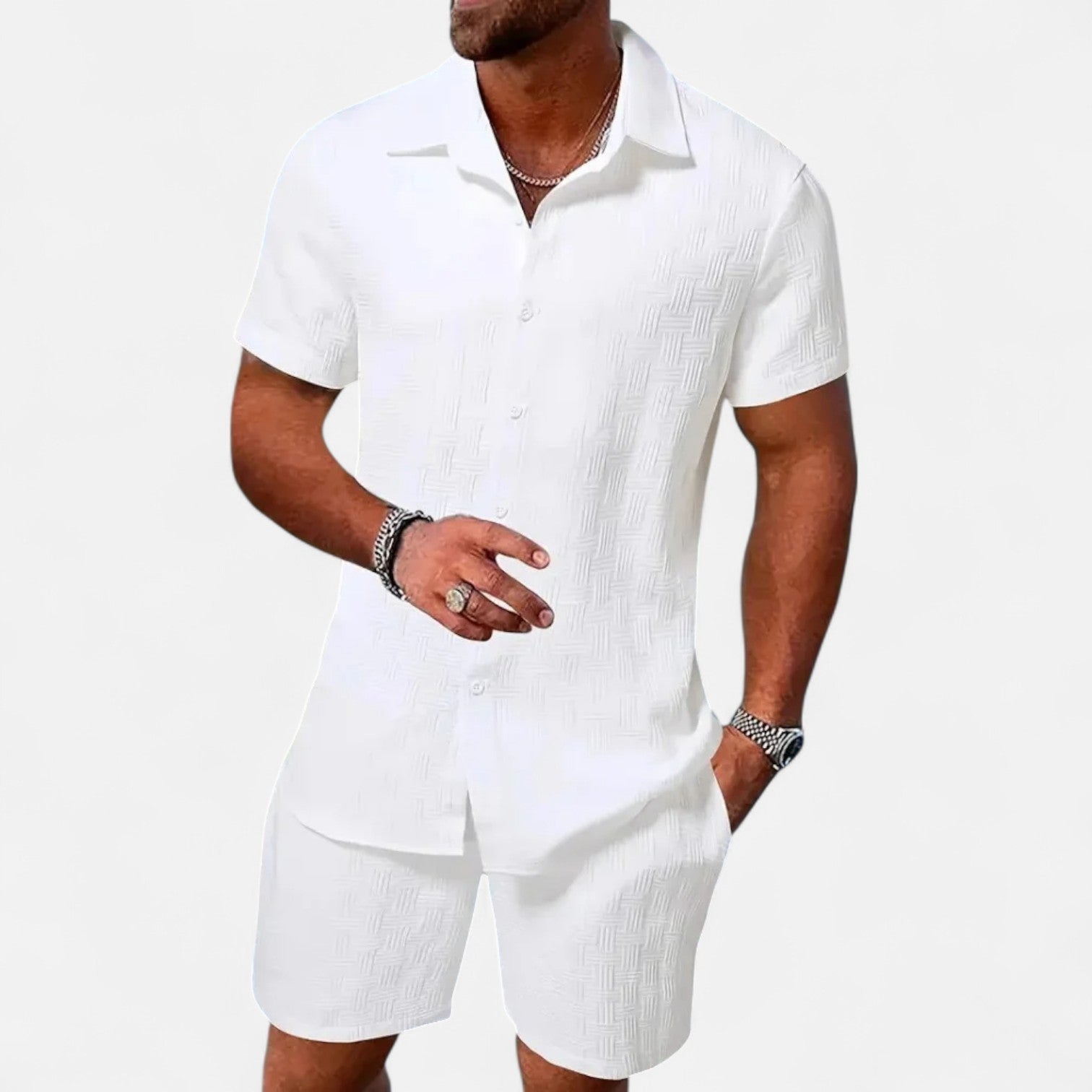 Ancienne Monde | Ensemble Coordonné Estival en Jacquard pour Homme – Élégance Texturée