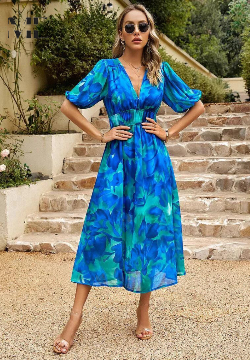 Robe imprimée pour femme - modèle évasé mi-long avec taille élastique - cocktail